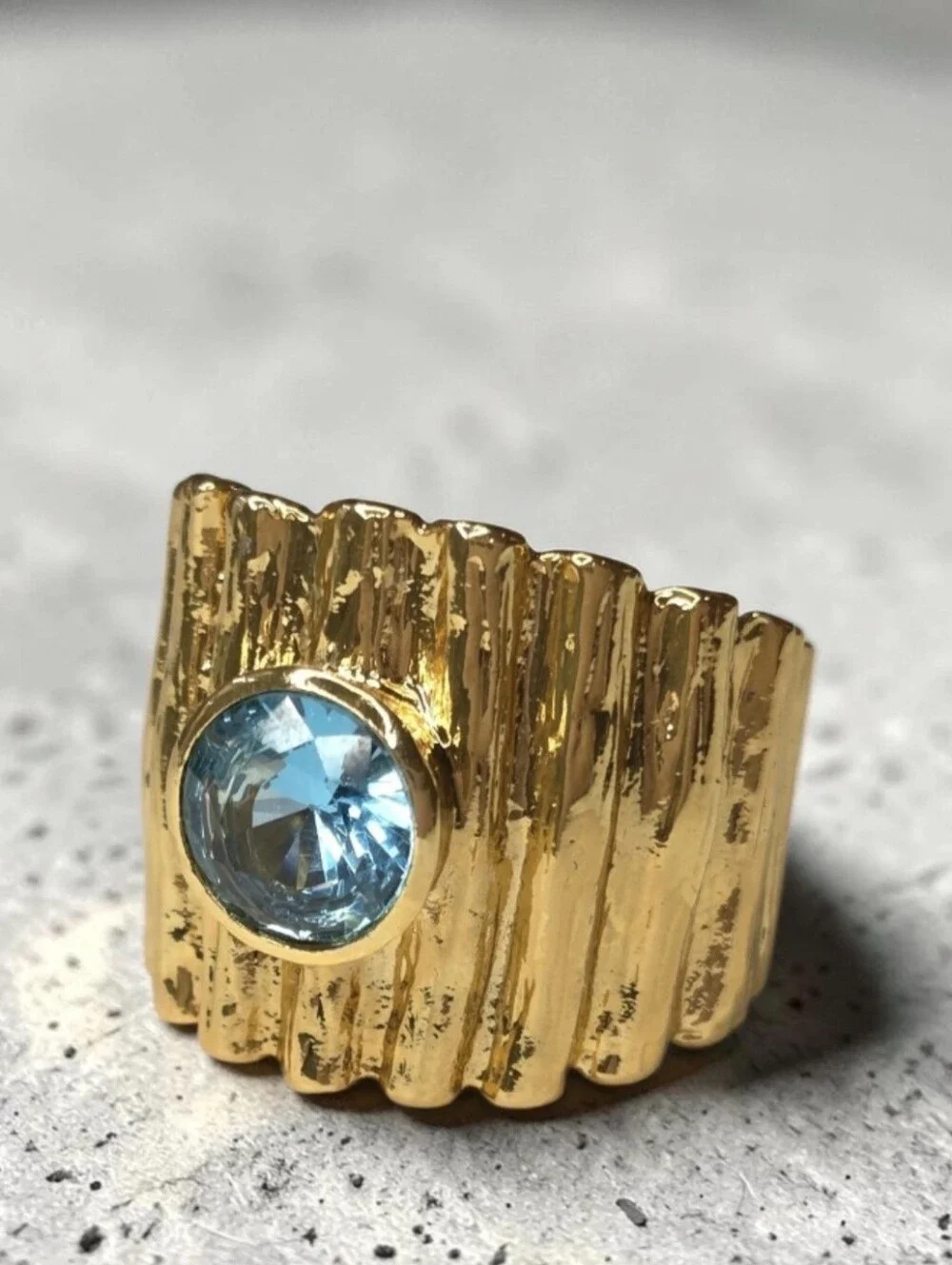 24k Gold Plated Artisan Wide Pleated Band Aquamarine Crystal Statememt Ring